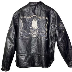 Xelement Heavy Vtg Leather Motorcycle Jacket Skull Embroidered Y2K Gothic Biker